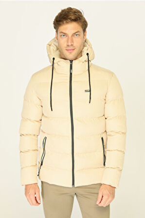 Erkek Bej Kalın Astarlı Rüzgar Geçirmez Kapüşonlu Kışlık Şişme Mont | 2XL