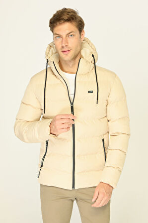 Erkek Bej Kalın Astarlı Rüzgar Geçirmez Kapüşonlu Kışlık Şişme Mont | 2XL