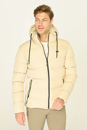 Erkek Bej Kalın Astarlı Rüzgar Geçirmez Kapüşonlu Kışlık Şişme Mont | 2XL