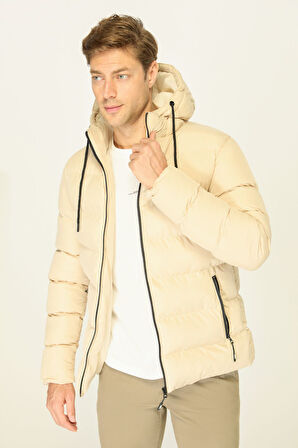 Erkek Bej Kalın Astarlı Rüzgar Geçirmez Kapüşonlu Kışlık Şişme Mont | 2XL