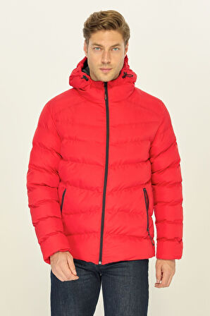 Erkek Kırmızı Elyaflı Kapüşonlu Rüzgar Geçirmez Şişme Kışlık Mont | 3XL