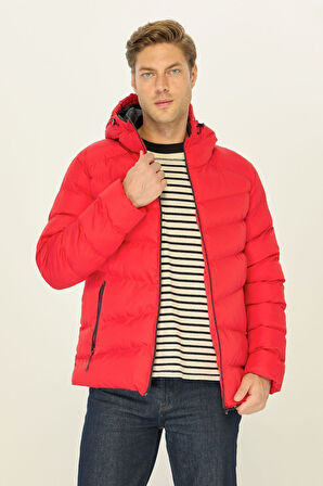 Erkek Kırmızı Elyaflı Kapüşonlu Rüzgar Geçirmez Şişme Kışlık Mont | 3XL