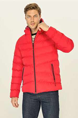 Erkek Kırmızı Elyaflı Kapüşonlu Rüzgar Geçirmez Şişme Kışlık Mont | 3XL