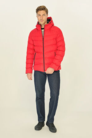 Erkek Kırmızı Elyaflı Kapüşonlu Rüzgar Geçirmez Şişme Kışlık Mont | 3XL