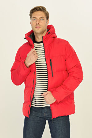 Erkek Kırmızı Elyaflı Kapüşonlu Rüzgar Geçirmez Şişme Kışlık Mont | S