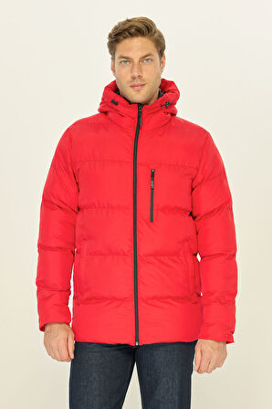 Erkek Kırmızı Elyaflı Kapüşonlu Rüzgar Geçirmez Şişme Kışlık Mont | 2XL