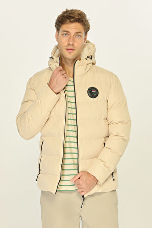 Erkek Bej Astarlı Su Ve Rüzgar Geçirmez Kapüşonlu Kışlık Şişme Mont | XL