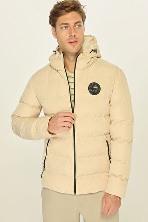 Erkek Bej Astarlı Su Ve Rüzgar Geçirmez Kapüşonlu Kışlık Şişme Mont | XL