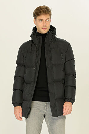 Erkek Siyah Kapüşonlu Şişme Elyaf Dolgulu Uzun Kışlık Rüzgar Geçirmez Mont Parka Kaban | 3XL