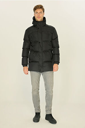 Erkek Siyah Kapüşonlu Şişme Elyaf Dolgulu Uzun Kışlık Rüzgar Geçirmez Mont Parka Kaban | 3XL