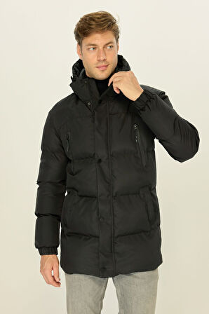 Erkek Siyah Kapüşonlu Şişme Elyaf Dolgulu Uzun Kışlık Rüzgar Geçirmez Mont Parka Kaban | 3XL