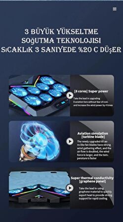 TechTic 8 Fanlı 18-11İnç RGB Işıklı Notebook Laptop Soğutucu Fan Yükseklik Ayarlı Sessiz LCD Pro Stand Çift USB 1 Type-c Giriş