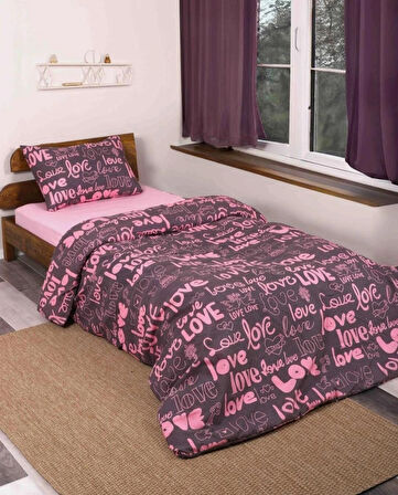 TEK KİŞİLİK PEMBE LOVE NEVRESİM SETİ, 155X215 NEVRESİM + 50X70 YASTIK KILIFI