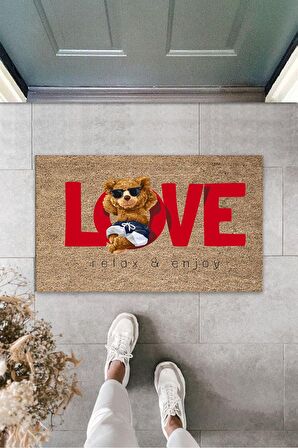 Çok Amaçlı Dijital Love Ayıcık Bej Kapı Paspası Dış Mekan Paspas