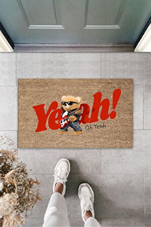 Dekoratif Dijital Oh Yeah Ayıcık Bej  Kapı Paspası Dış Mekan Paspas