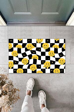 Çok Amaçlı Dijital Gülen Emojiler Sarı-Siyah Kapı Paspası Dış Mekan Paspas