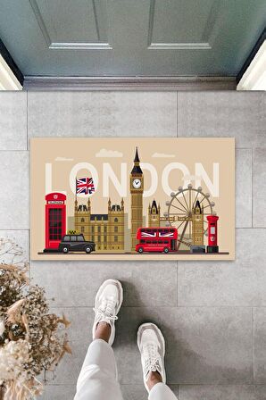 Çok Amaçlı Dijital Baskı Bej London Temalı İç ve Dış Mekan  Paspas