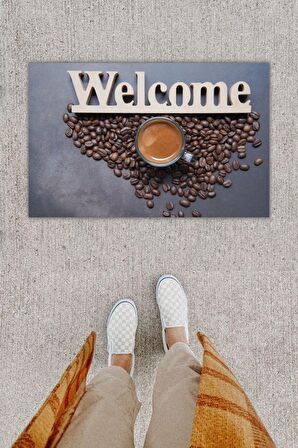 Dijital Baskı Dekoratif Welcome Koyu Gri Kapı Önü Paspası