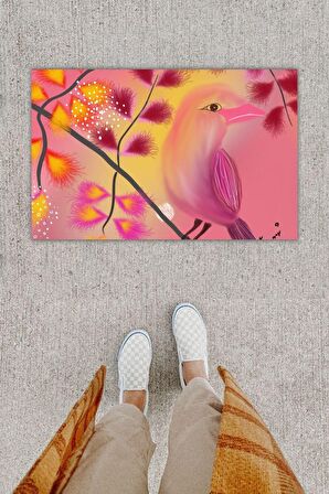 Dijital Baskı Dekoratif Kuş Fuşya Kapı Önü Paspası