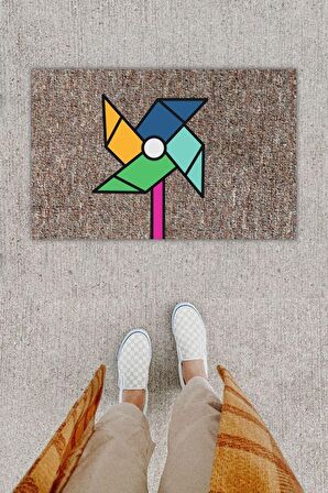 Dijital Baskı Dekoratif Rüzgar Gülü Gri Kapı Önü Paspası