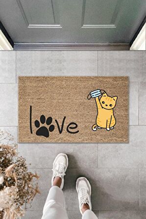 Dijital Baskı Kalitesi  Kahverengi Patili Love Yazılı Maskeli Kedi  Dekoratif Kapı  Paspası