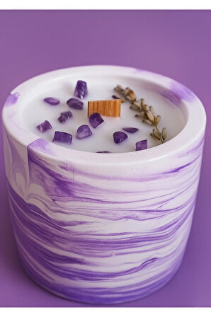 %100 Soya Wax Lavanta Kokulu Dekoratif Beton Aromaterapi Mum – Amestist Taşlı & Lavanta Otlu