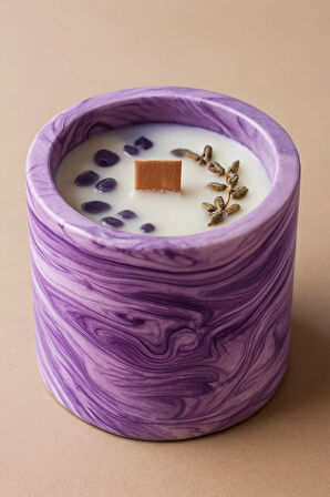 %100 Soya Wax Lavanta Kokulu Dekoratif Beton Aromaterapi Mum – Amestist Taşlı & Lavanta Otlu