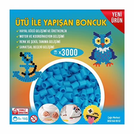 Ütü ile Yapışan 3000'li Açık Mavi Boncuk-Tabla-Cımbız 3'lü Set