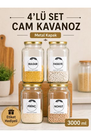 4'lü Set Mutfak Erzak Saklama Düzenleyici Nohut, Mercimek, Pirinç, Bulgur, Fasulye 3 Lt Gold Metal Kapak