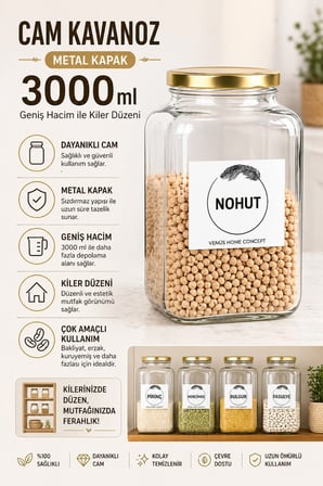 4'lü Set Mutfak Erzak Saklama Düzenleyici Nohut, Mercimek, Pirinç, Bulgur, Fasulye 3 Lt Gold Metal Kapak