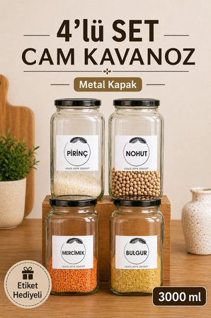 Mutfak Erzak Saklama Düzenleyici Nohut, Mercimek, Pirinç, Bulgur, Fasulye 3lt Siyah Metal Kapak