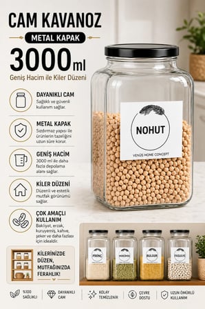 Mutfak Erzak Saklama Düzenleyici Nohut, Mercimek, Pirinç, Bulgur, Fasulye 3lt Siyah Metal Kapak