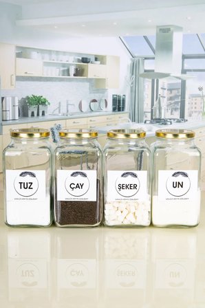 4'lü Dekoratif Mutfak Düzenleyici Un, Tuz, Çay, Şeker 3000 Cc Gold Metal Kapak