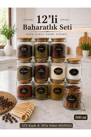 12'li Dekoratif Mutfak Düzenleyici Cam Baharatlık - Kaşıklı Bambu Hava Almaz Kapaklı Baharat Seti - Etiket Hediyeli 500ml