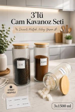 3'lü Mutfak Düzenleyici Etiketli 1300 Cc Vakumlu Vakumlu Kapaklı Cam Kavanoz Cam