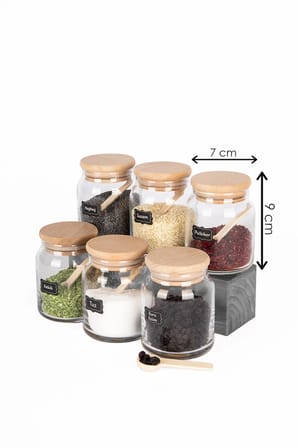 Etiketli, Bambu Ahşap Vakumlu Kapaklı Ve Kaşıklı 12'li  Baharat Takımı 300 ml CAM