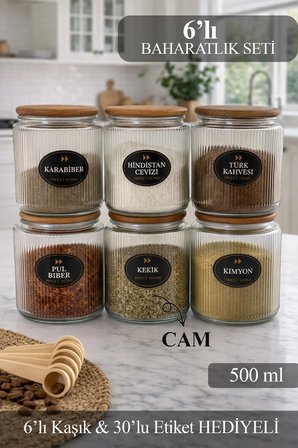 6’ Lı Ahşap Vakumlu Bambu Kapaklı Kaşıklı Lüks Baharatlık Takımı 300 ml CAM