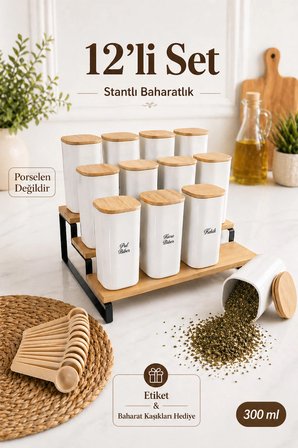 12'li 300 ml Bambu Stantlı Vakumlu Ahşap Kapaklı Porselen Görünümlü Akrilik Baharatlık Kaşık Etiket