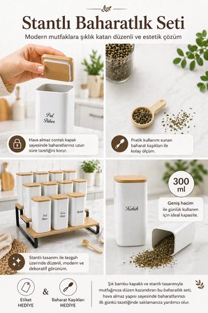 12'li 300 ml Bambu Stantlı Vakumlu Ahşap Kapaklı Porselen Görünümlü Akrilik Baharatlık Kaşık Etiket