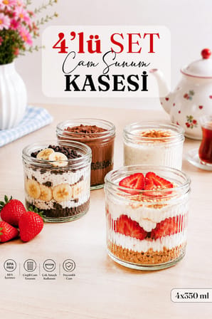 4'lü Cam Tatlı ve Sunum Kasesi Seti – 350 ml Çizgili Cam Magnolia - Tiramisu ve Tatlı Kasesi