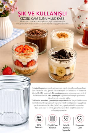 4'lü Cam Tatlı ve Sunum Kasesi Seti – 350 ml Çizgili Cam Magnolia - Tiramisu ve Tatlı Kasesi