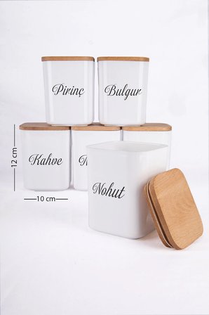 Porselen Görünümlü Kare  Ahşap Vakumlu Kapaklı Akrilik Erzak Saklama Kabı Baharatlık 12'li Ad 900 Ml