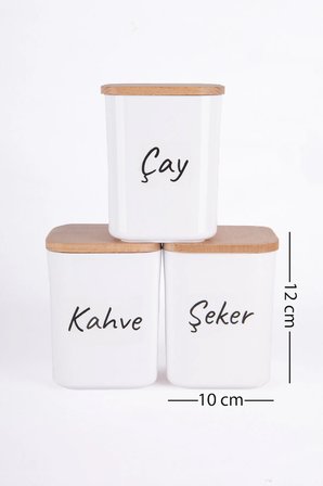 6'lı Porselen Görünümlü Kare  Ahşap Vakumlu Kapaklı Akrilik Erzak Saklama Kabı Baharatlık  900 Ml