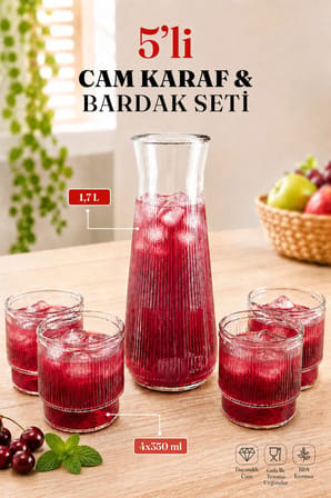 5 Parça Pinterest Model Cam Karaf Seti - Meşrubat Seti 5'li Çizgili Cam Karaf ve Bardak Seti – 1,7 L Sürahi + 4x350 ml Meşrubat, Limonata ve Su Servis Seti