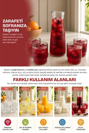 5 Parça Pinterest Model Cam Karaf Seti - Meşrubat Seti 5'li Çizgili Cam Karaf ve Bardak Seti – 1,7 L Sürahi + 4x350 ml Meşrubat, Limonata ve Su Servis Seti
