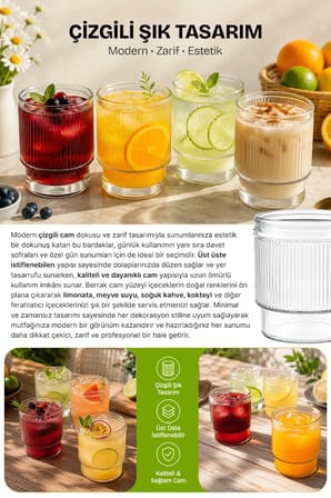 4'lü Pinterest Model Bardak 300 ML - Çizgili Kokteyl Limonata Su Bardağı