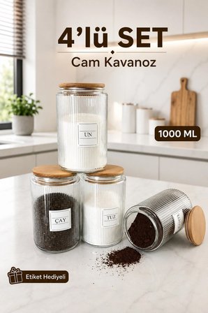 4'lü Ahşap Vakumlu Kapaklı Çay Şeker Kahve Tuz Kavanozu Cam 1000 ML