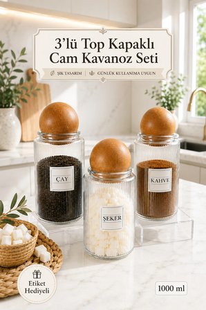 3'lü Ahşap TOP Kapaklı Çay Şeker Kahve Tuz Kavanozu Cam 1000 ML