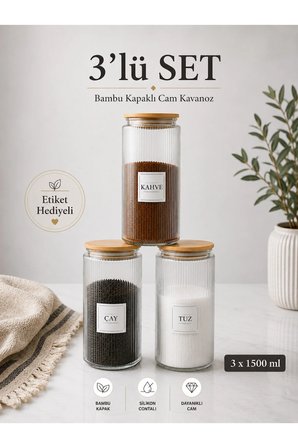 3'lü Ahşap VAKUMLU Kapaklı Çay Şeker Kahve Tuz Kavanozu Cam 1400 ML