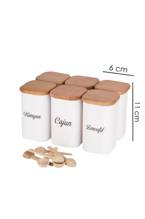 6'lı 250 ml Vakumlu Bambu Ahşap Kapaklı Porselen Görünümlü Akrilik Baharatlık Kaşık Etiket Hediyeli